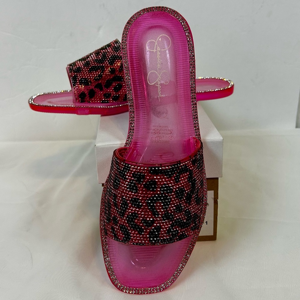 Jessica Simpson Kassime Black/Pink Cheetah Embellished Jelly Slide Sandals / 7